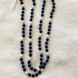 Blue & pearl beaded necklace